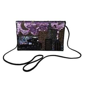 Vtg Clutch Purse Beaded/ Sequin City Night Scene